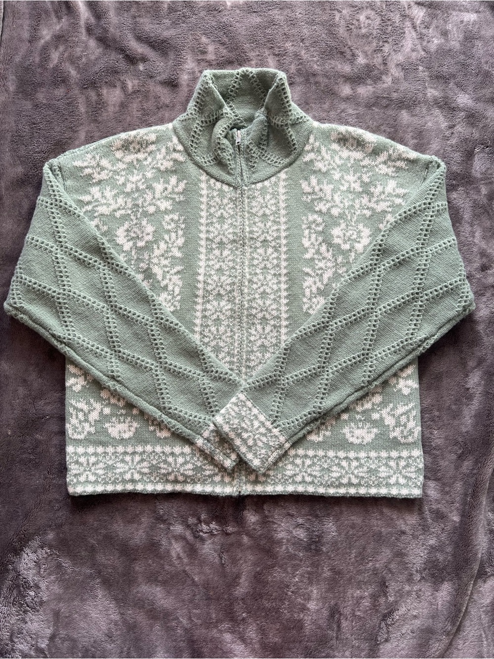 Very J Mint Green & White Fair Isle Zip Mock-Neck Sweater
